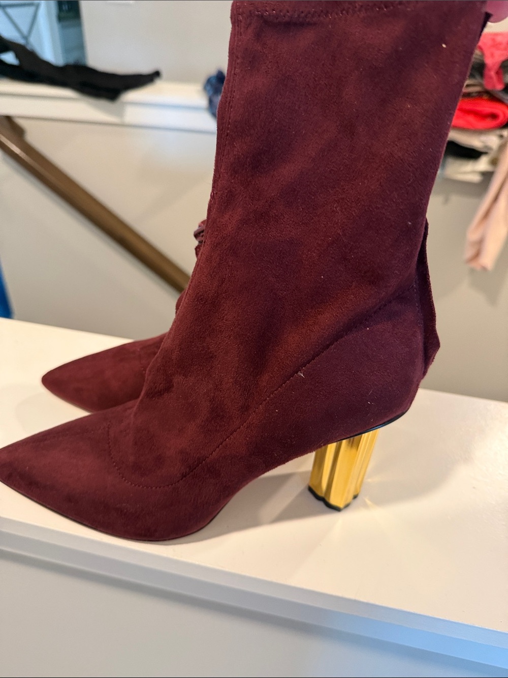 Women's Burgundy Suede Ankle Boots Gold Block Heel KATY PERRY HIGH BOOTIE 8 8 M - Picture 2 of 7